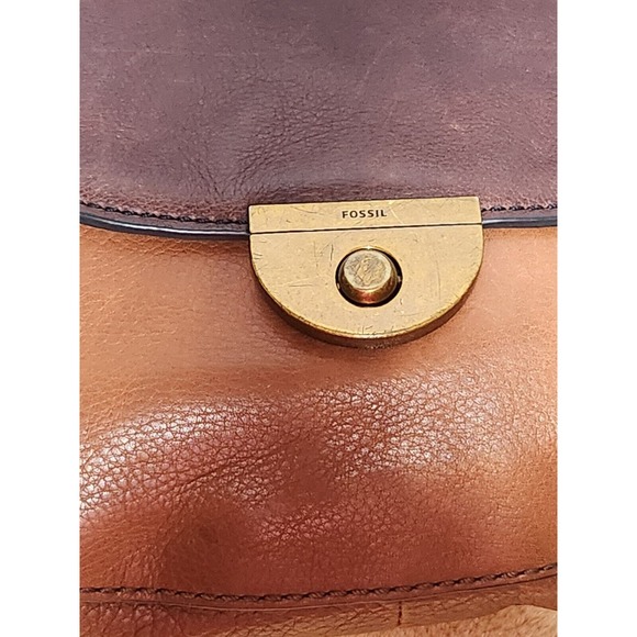 Womens FOSSIL Emi Leather Saddle Handbag Two-toned Brown Purse Bag Crossbody - Picture 5 of 7